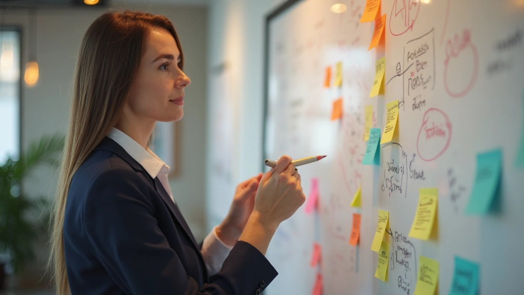 Контент-менеджер разрабатывает стратегию контента на доске с записями и диаграммами