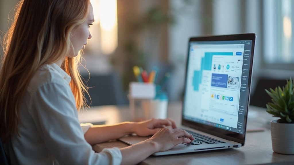 Social media marketing strategy planning with colorful post designs on computer screen