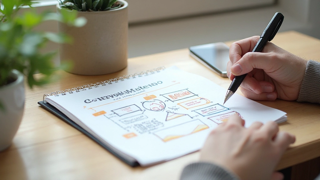 Создание контента: блокнот с идеями, ручка, кофе на деревянном столе